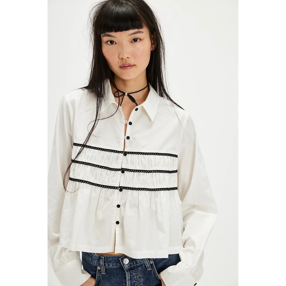 Free People White Cotton Lace Trim Pleated Button Down Blouse Large NWT